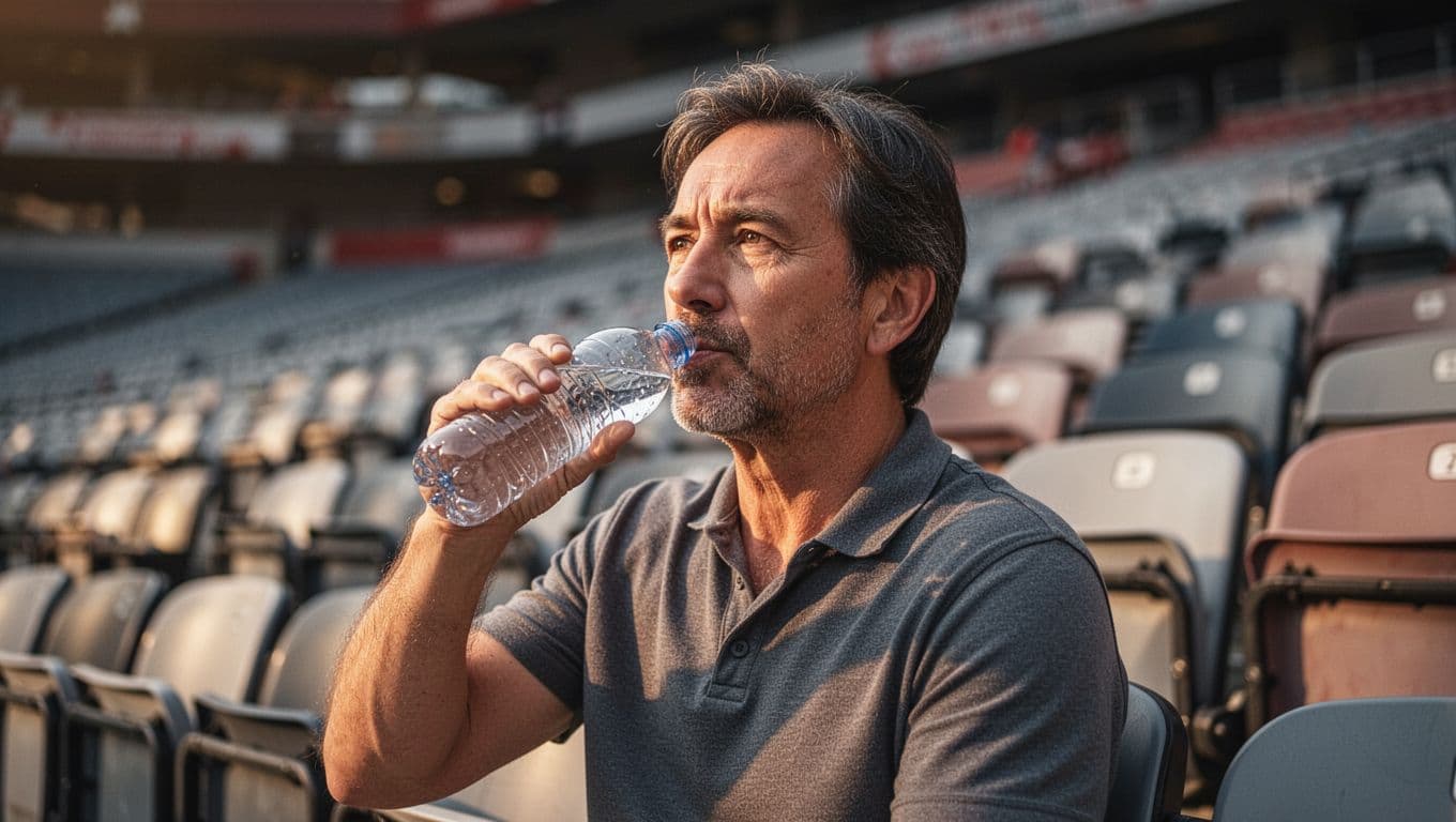 A focused adult sports fan sits in a stadium bleacher, lifting a clear plastic water bottle to drink. Warm golden sunlight illuminates their face, highlighting a realistic and authentic expression.