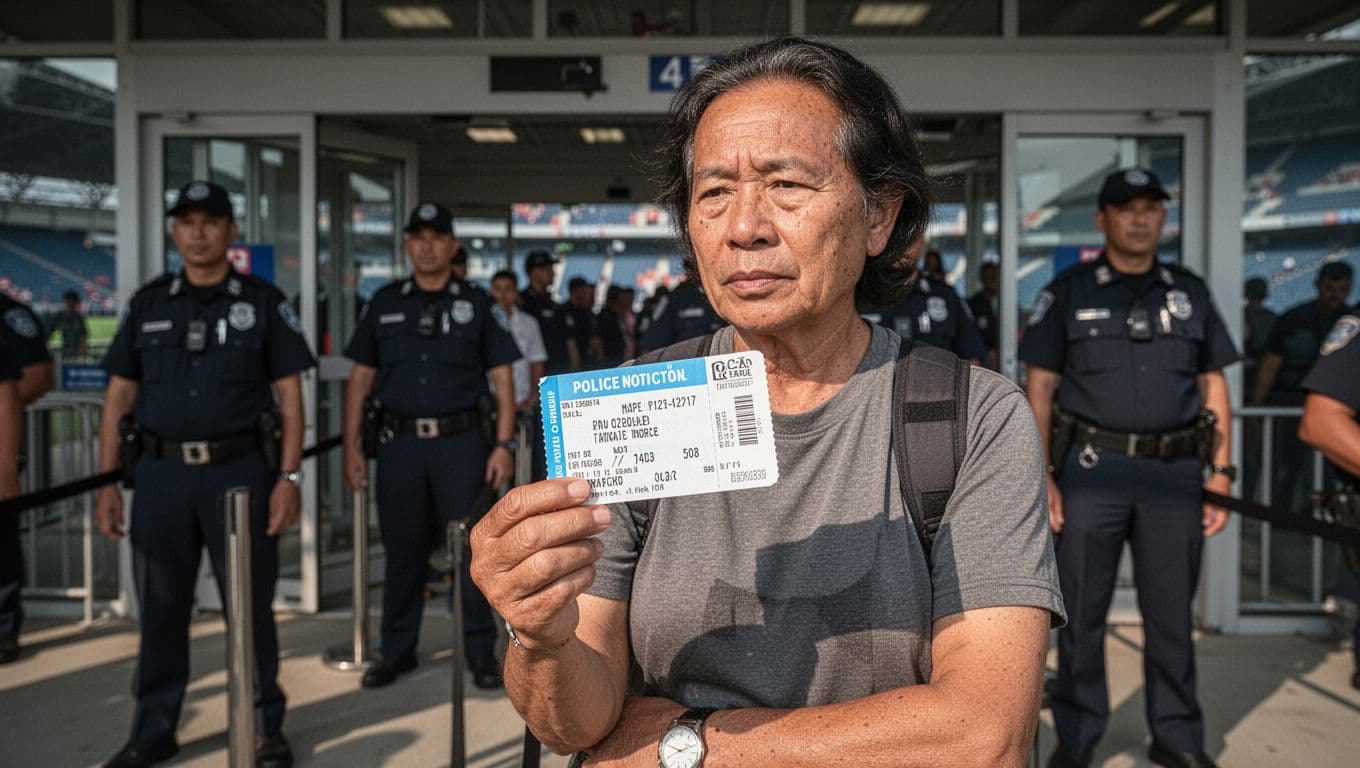 A sports fan in a jersey waits in a queue at the stadium entrance. The individual holds a paper ticket while blurred security personnel monitor the crowd under bright daylight conditions.