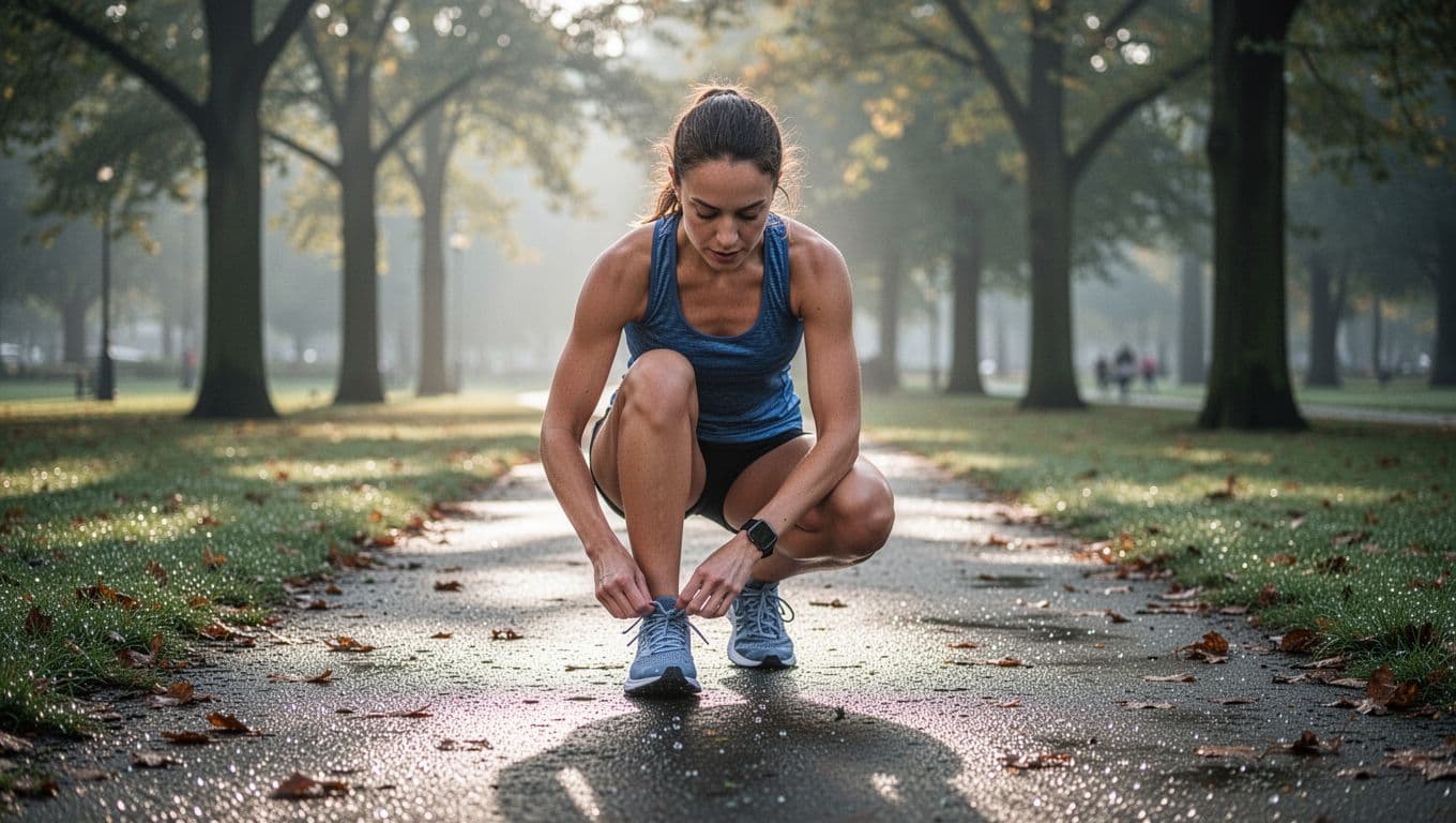 A woman crouches on a paved park path during the early morning to securely tie her athletic sneakers. Soft sunlight illuminates the lush greenery and quiet walking trail around her.