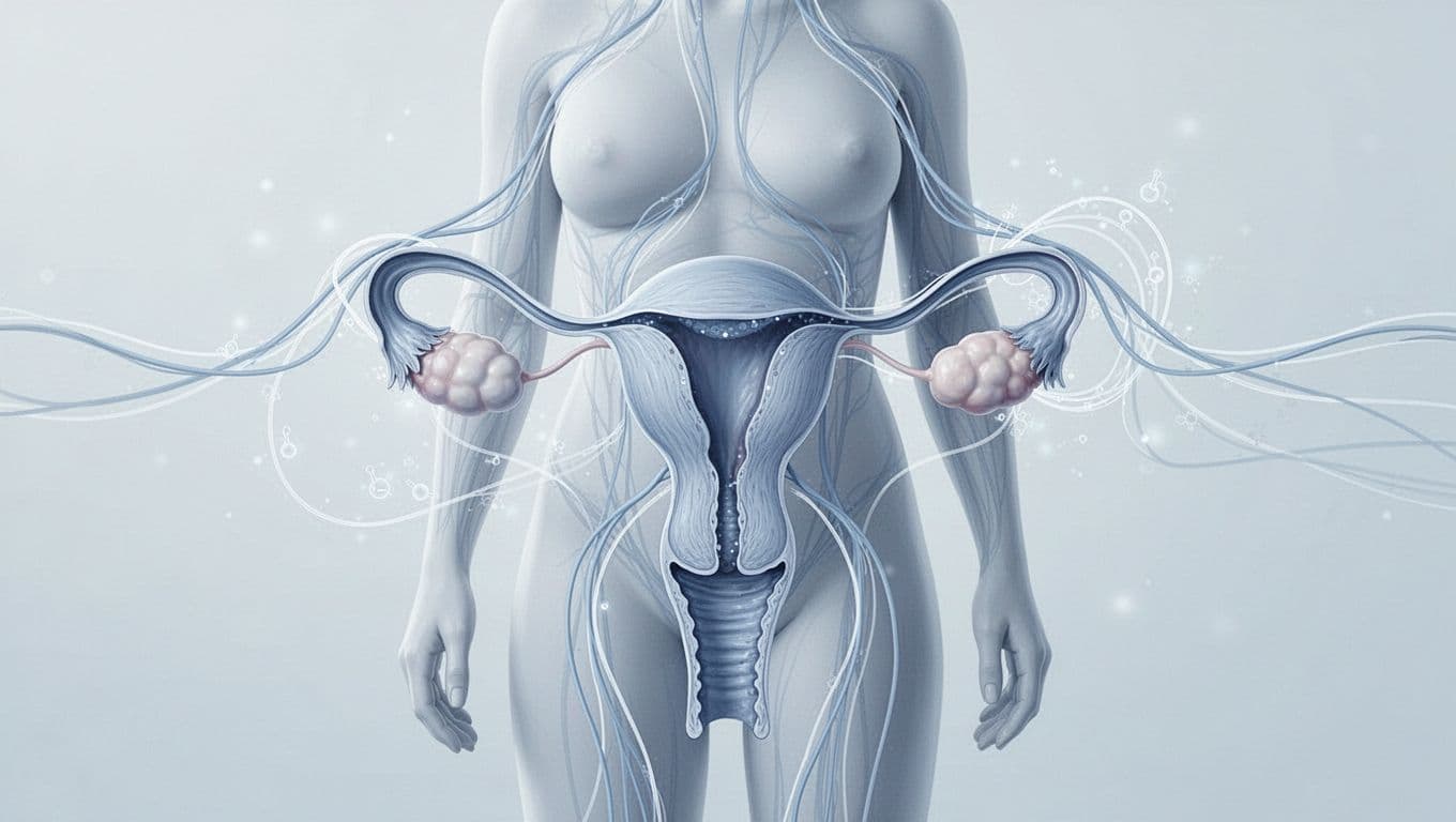 A clean medical illustration features the female reproductive anatomy rendered in soft blue tones. Delicate lines trace intricate hormone pathways, symbolizing the complex regulatory balance between systemic health and reproductive cycles.