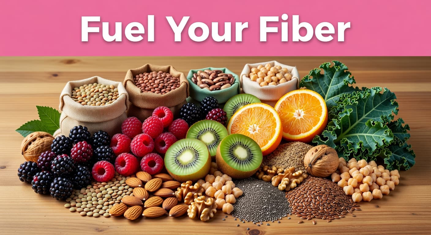 A collection of colorful fresh fruits, crisp vegetables, legumes, and crunchy nuts is neatly organized across a rustic wooden tabletop. A pink banner spans the top with bold white text.
