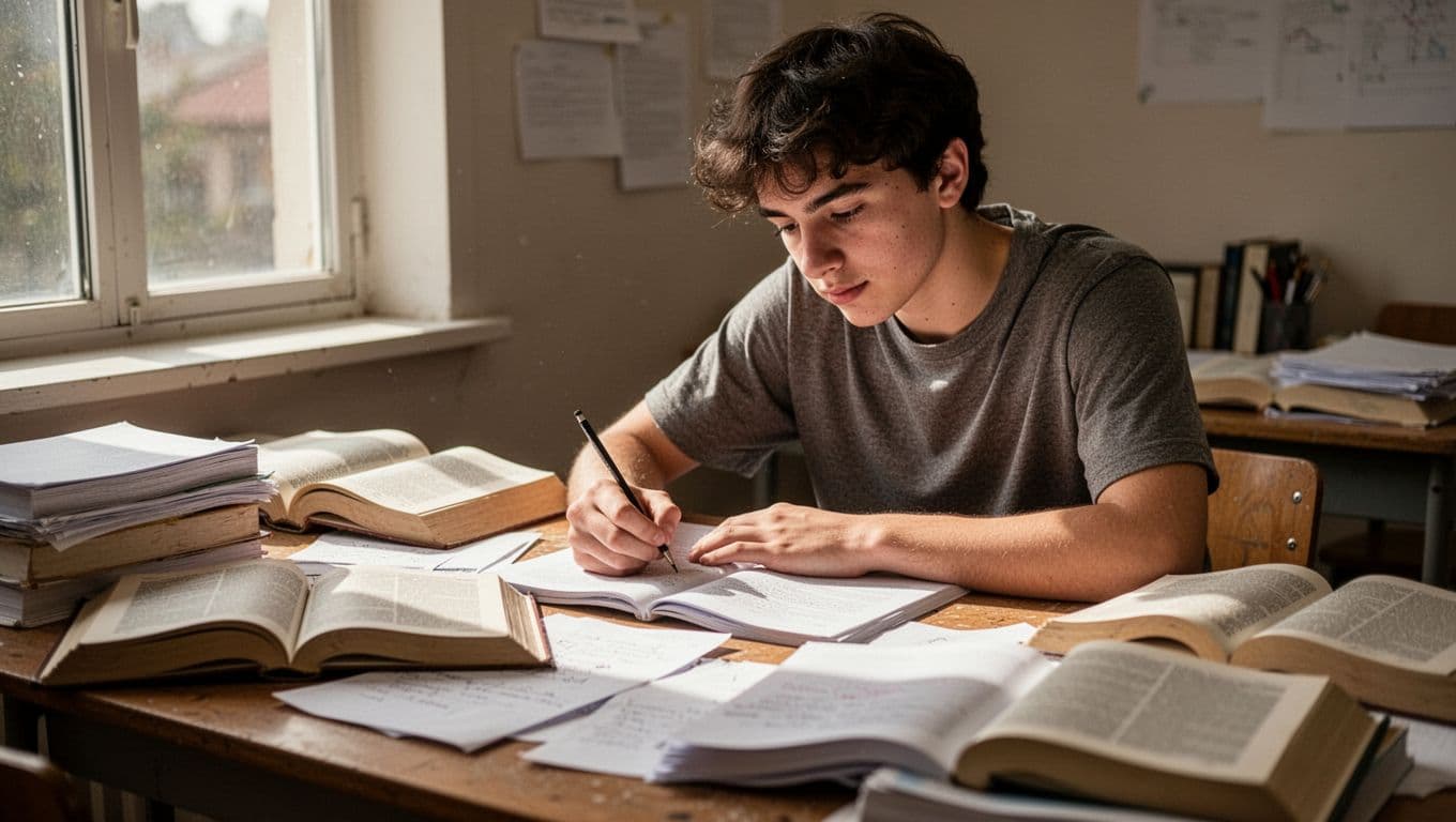 A focused student sits at a cluttered wooden desk covered with open textbooks and handwritten notes. Natural daylight streams through a window, illuminating their alert face and organized study materials.