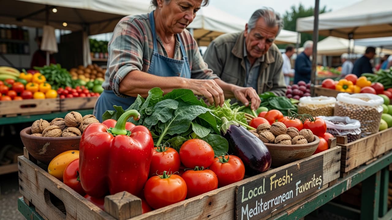 A wooden crate sits at a market filled with crisp greens, glossy red tomatoes, and vibrant bell peppers. Nearby, a small bowl of walnuts rests beside a deep purple eggplant.