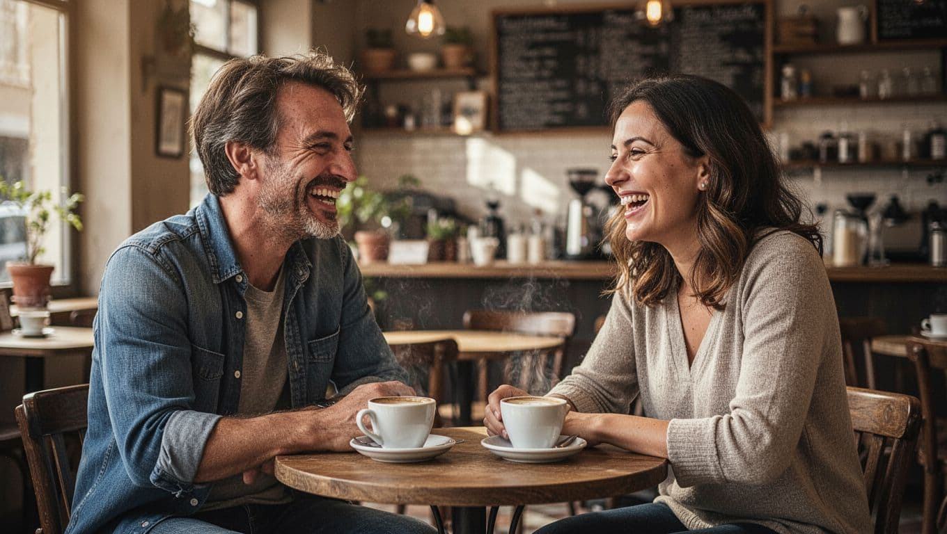 Two individuals sit at a small bistro table in a cozy coffee shop, sharing laughter during an engaged conversation. Warm natural light illuminates their faces against a softly blurred background.