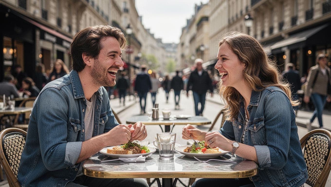 A diverse group of friends sits around a small metal cafe table on a bustling city sidewalk. They are enjoying a casual meal together while laughing and sharing a lively conversation.