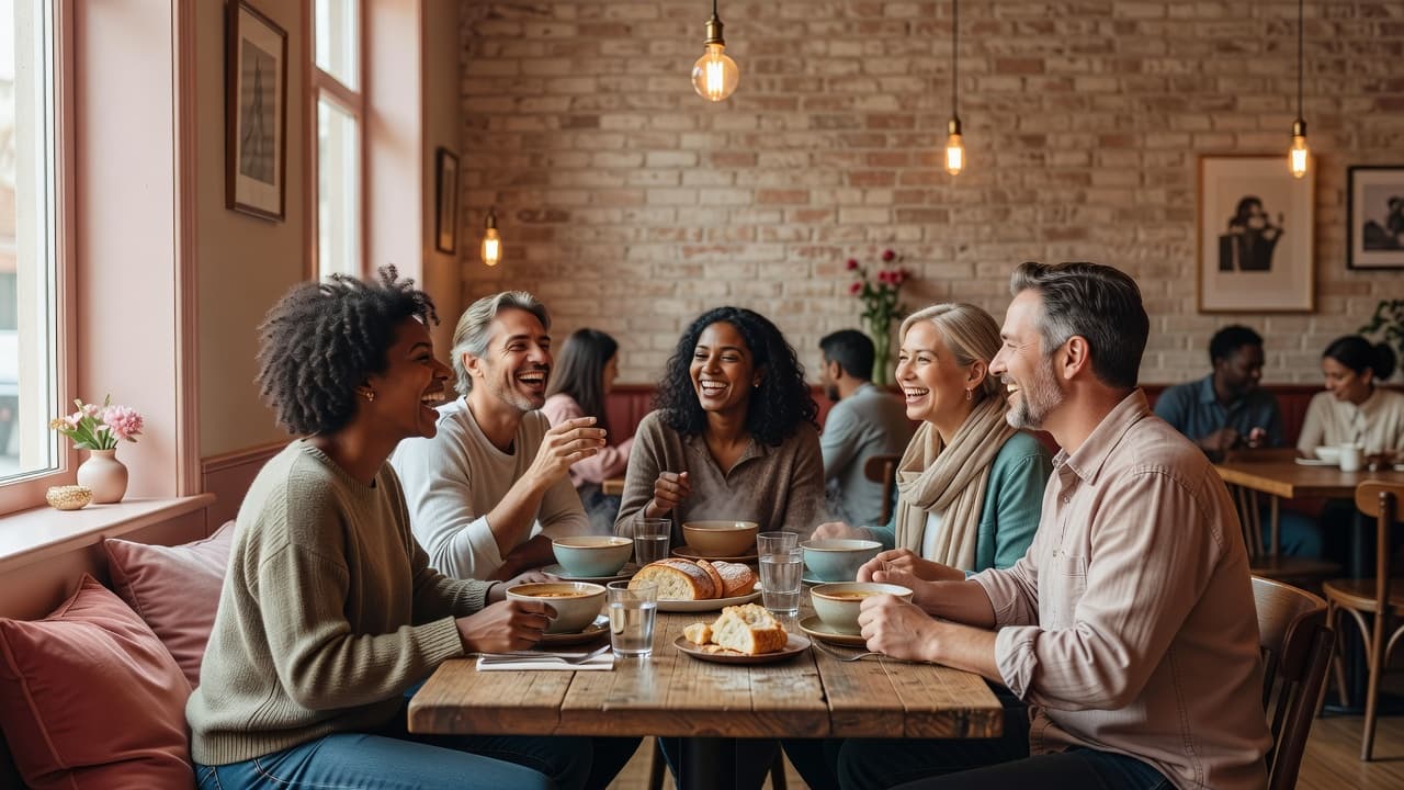 A diverse group of adults gathers around a small table in a bright cafe, laughing together while enjoying a shared meal. Soft pink interior accents highlight the warm, inviting social setting.