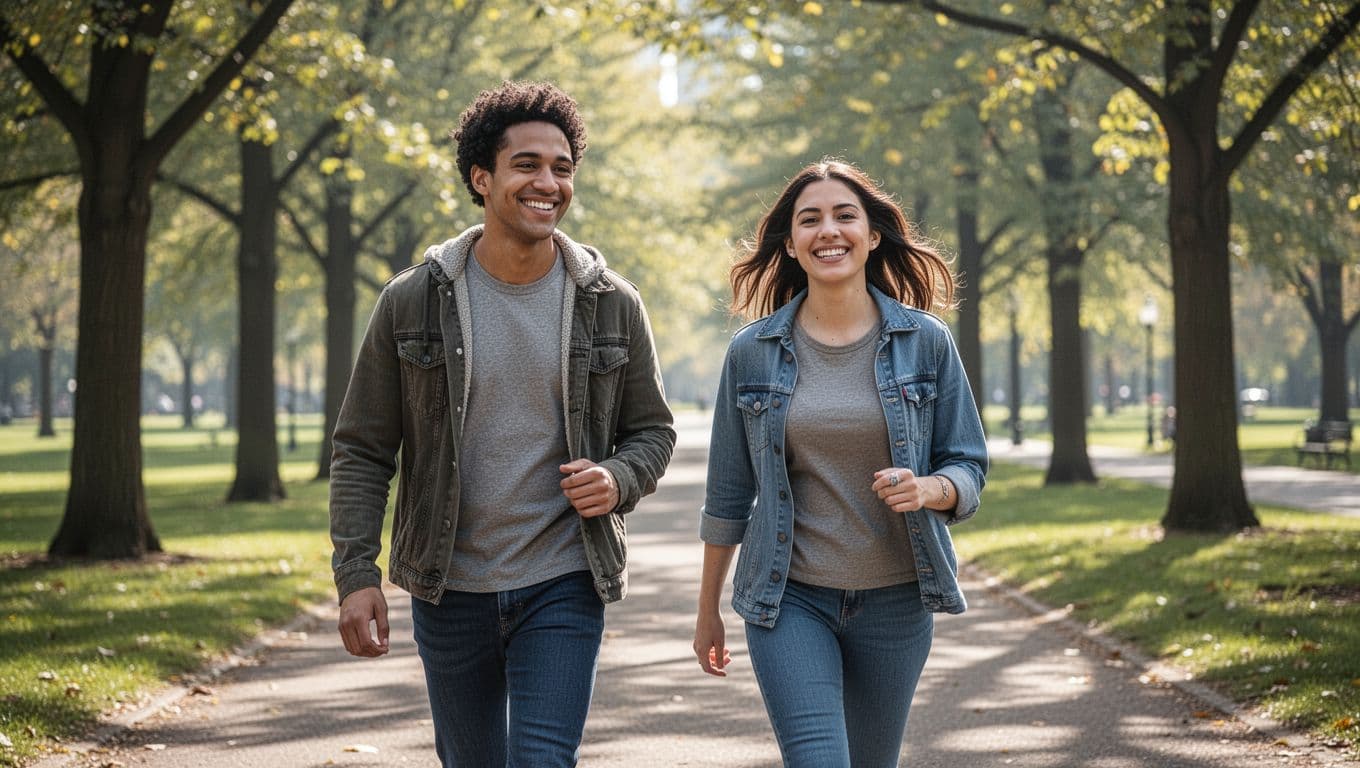 A group of diverse friends strolls through a sunlit park on a crisp morning. They wear casual clothes while engaging in active movement, capturing authentic human connection and genuine smiles during exercise.