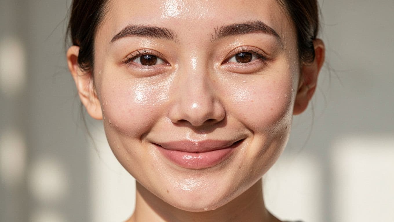 A close-up shot focuses on a person's smooth, luminous face reflecting soft natural light. Their complexion appears deeply hydrated and vibrant, highlighting the clear texture of healthy, well-nourished skin after treatment.
