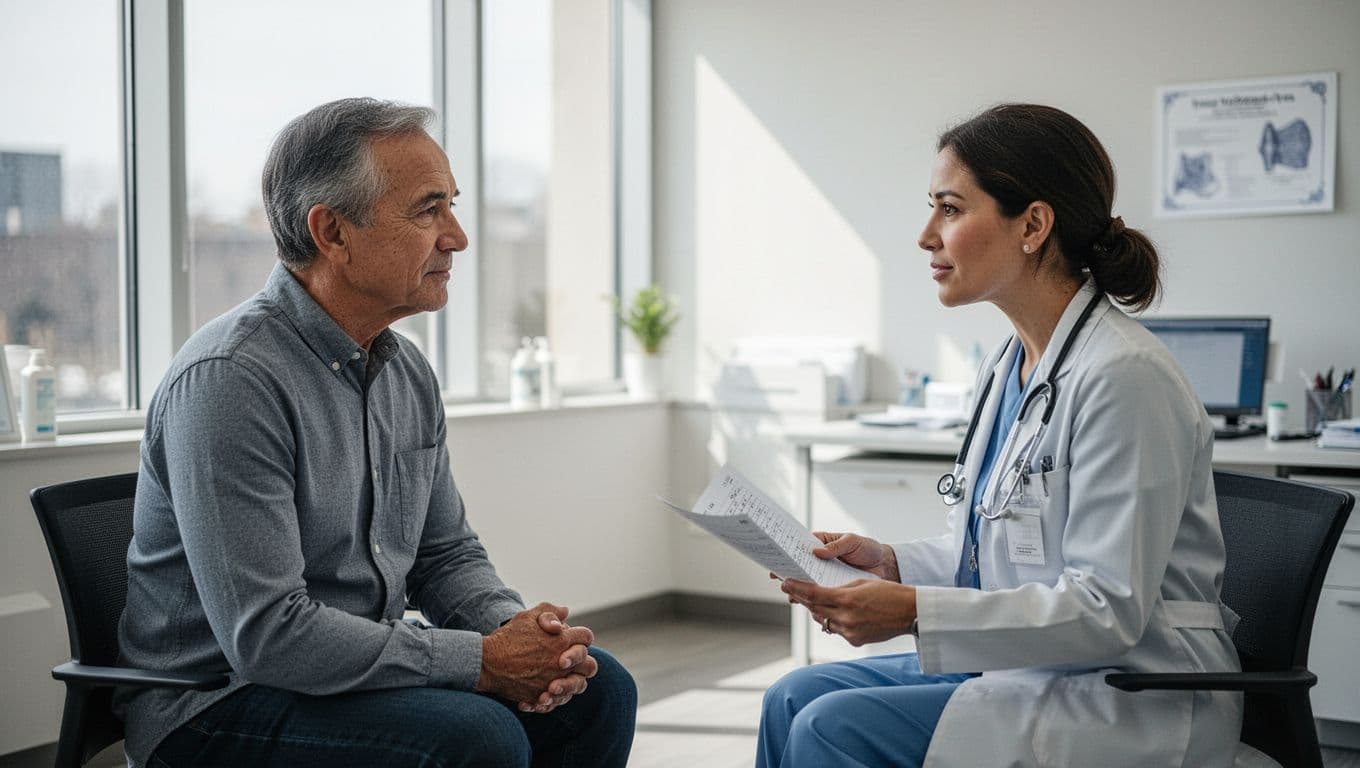A doctor in a white coat sits opposite a patient, reviewing notes on a clipboard in a sunlit office. Both figures lean in during their earnest conversation about personal health choices.