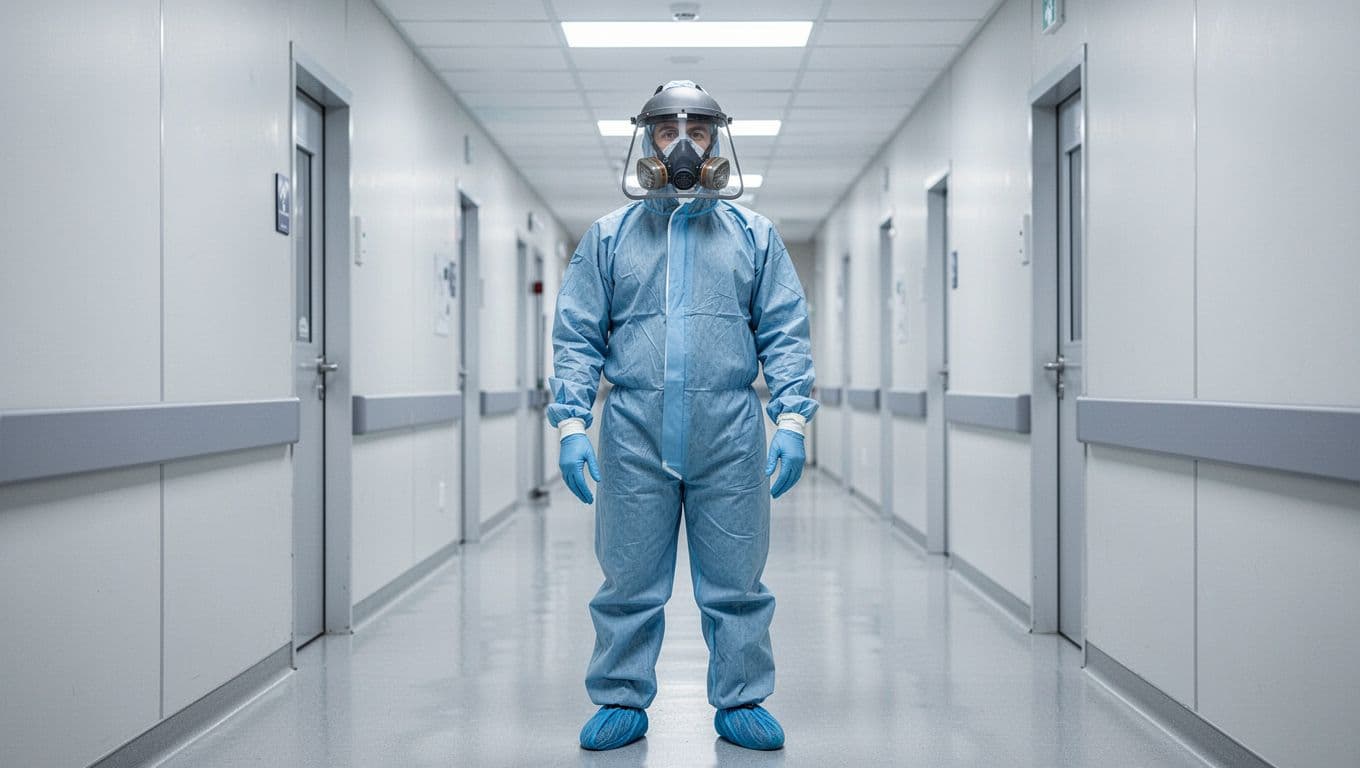 A medical worker stands in a sterile clinic hallway wearing a full-body hazmat suit, face shield, and respirator. The bright clinical environment emphasizes the specialized precautions required for high-risk patient treatment.