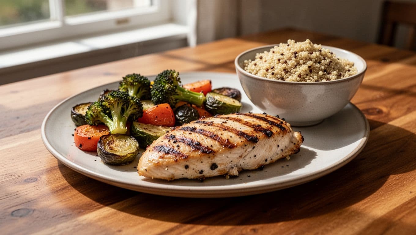 A rustic wooden table holds a plate of grilled chicken breast, colorful roasted vegetables, and fluffy quinoa. The soft, natural indoor daylight highlights the nutritious textures of this balanced meal.
