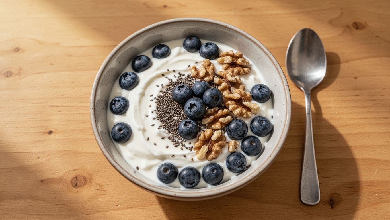 A top-down view shows a white ceramic bowl filled with creamy yogurt, topped with fresh blueberries, crunchy chopped walnuts, and chia seeds. A stainless steel spoon rests on the wooden table.