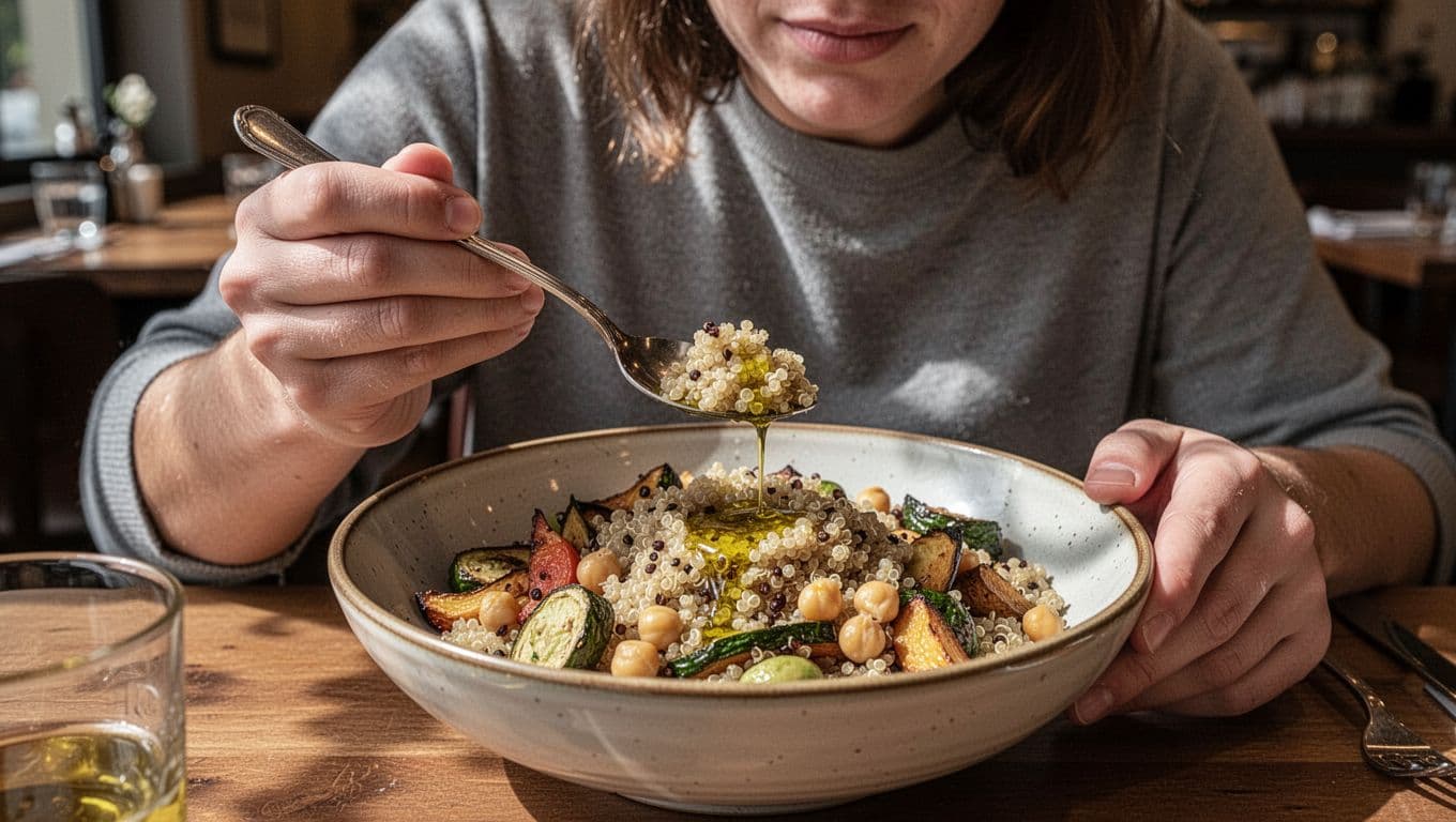 A close-up shot captures a person enjoying a vibrant grain bowl filled with fluffy quinoa, golden chickpeas, and charred vegetables. The dish is finished with a light drizzle of olive oil.