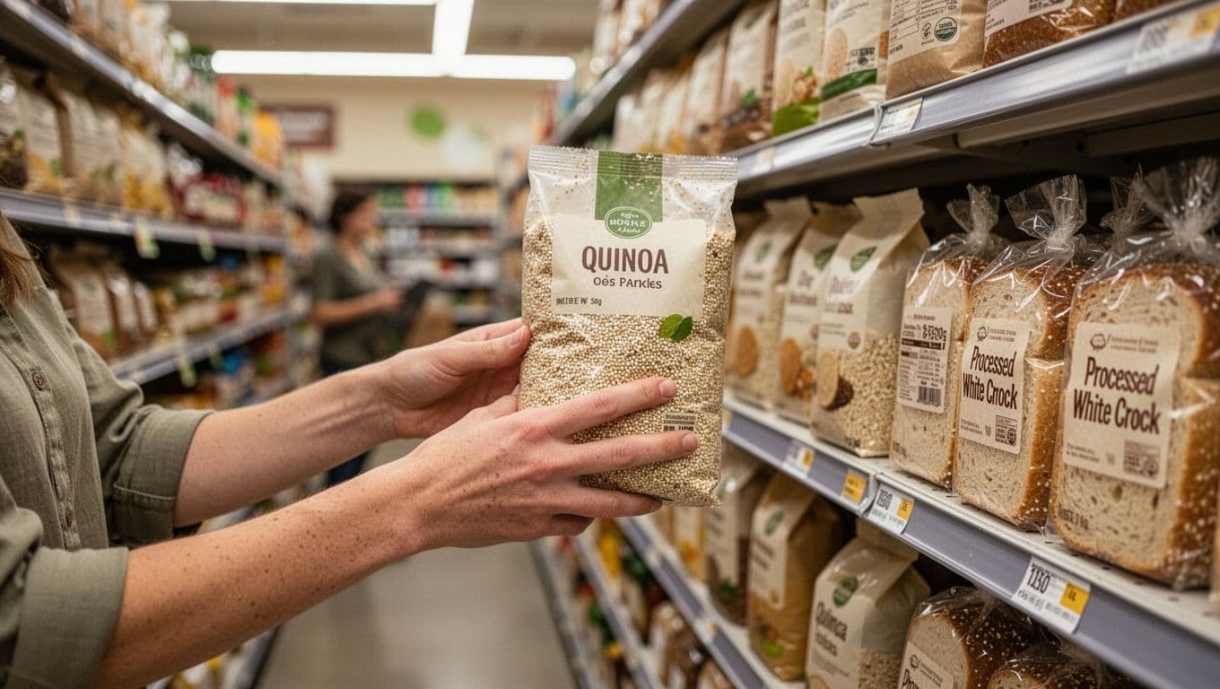 A focused shopper reaches for a bag of organic brown rice on a metal store shelf. Behind the package, blurred aisles of bread products highlight a clear choice for nutritious eating.
