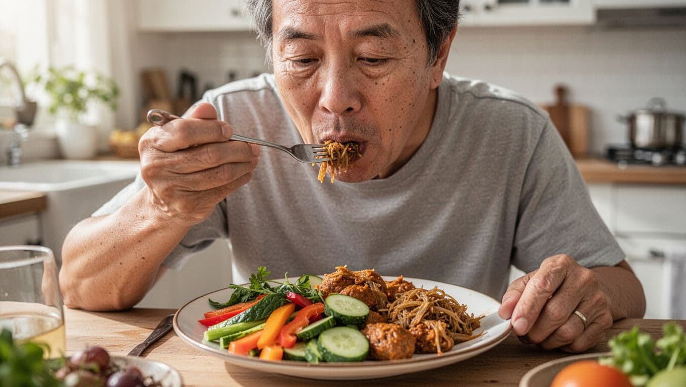 An individual enjoys a colorful meal featuring crisp green vegetables and fermented probiotic foods. The natural kitchen light emphasizes the vibrant, healthy ingredients and clear skin texture of the person eating.