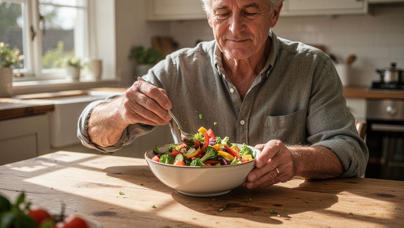 A middle-aged individual enjoys a vibrant salad at a rustic wooden kitchen table. Soft, natural light from a side window illuminates the fresh vegetables and creates a warm, calm atmosphere.