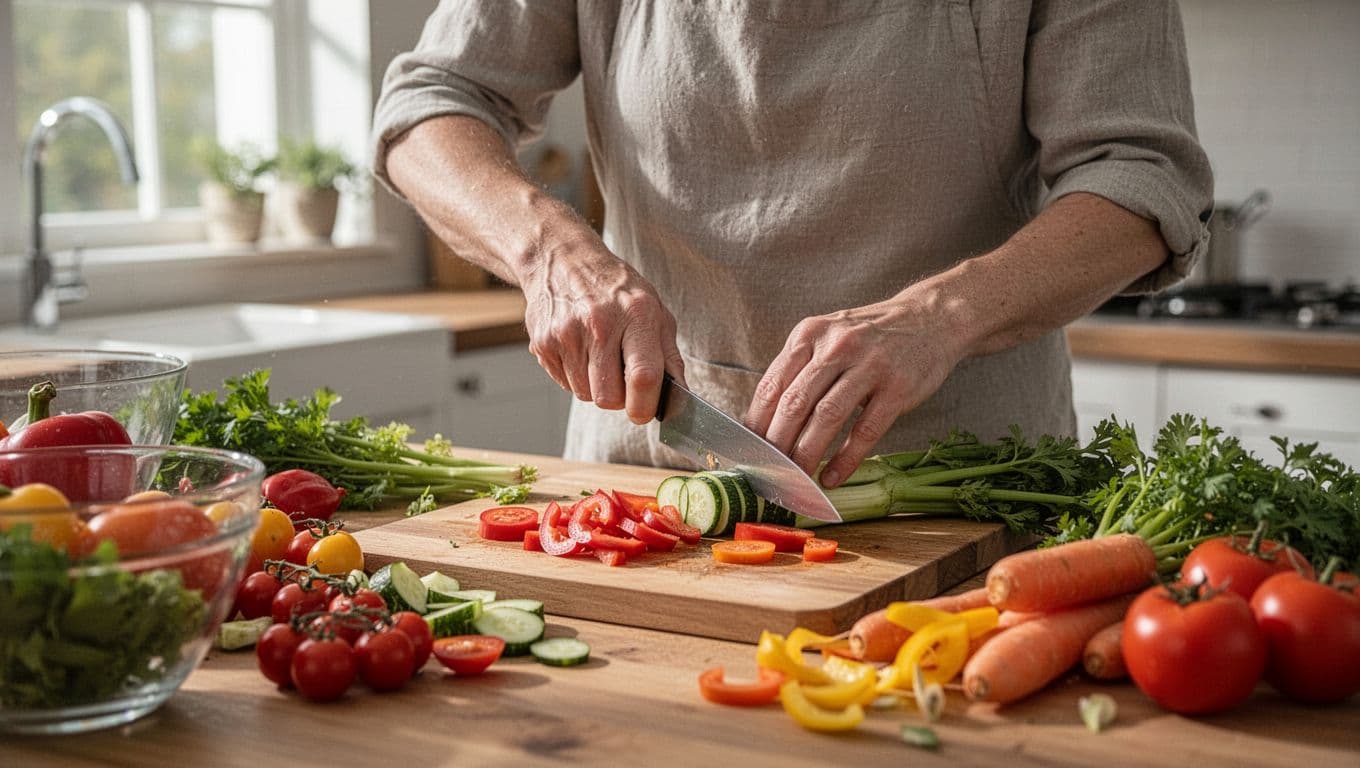 A focused individual carefully chops vibrant carrots and greens on a rustic wooden cutting board. Soft afternoon sunlight illuminates the colorful kitchen counter, highlighting authentic textures and fresh organic produce ingredients.