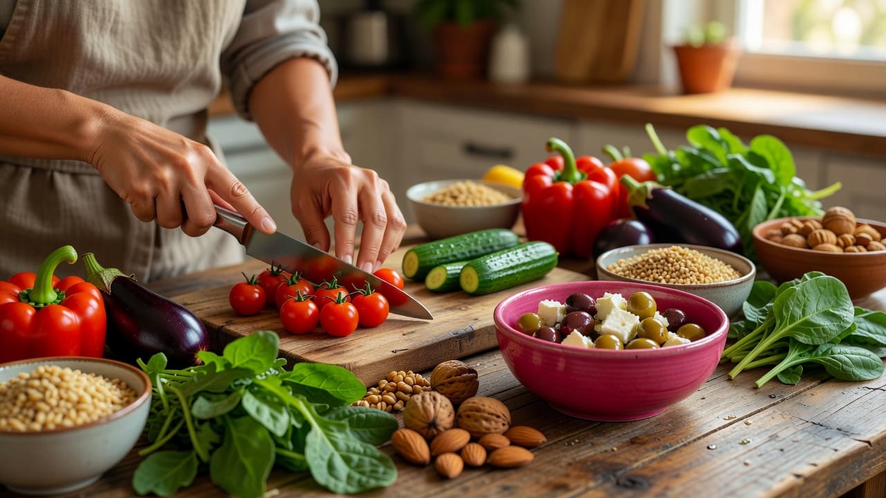 A pair of hands arranges vibrant fresh vegetables, chopped nuts, and grains on a rustic wooden tabletop. A striking pink ceramic bowl sits prominently beside these nutritious, wholesome cooking ingredients.