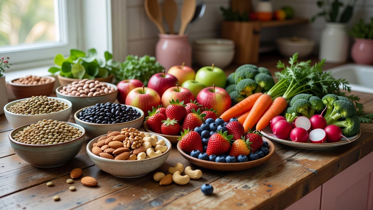 A rustic kitchen counter displays an assortment of raw lentils, legumes, colorful berries, crisp apples, and vibrant garden vegetables. Subtle pink accents decorate the background under soft, natural morning sunlight.