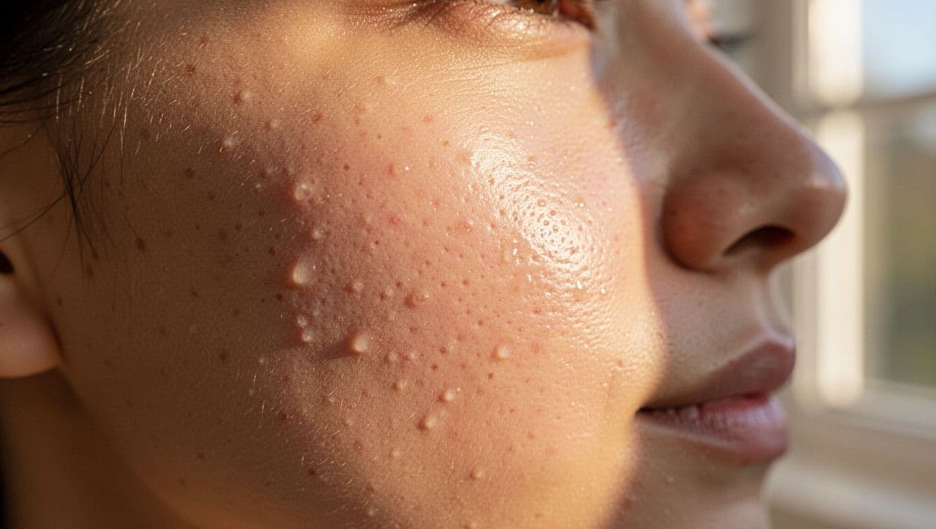 A close-up view of a cheek showing natural skin pores and a subtle, hydrated glow. Soft golden afternoon light highlights the authentic, smooth surface of the healthy epidermal barrier.