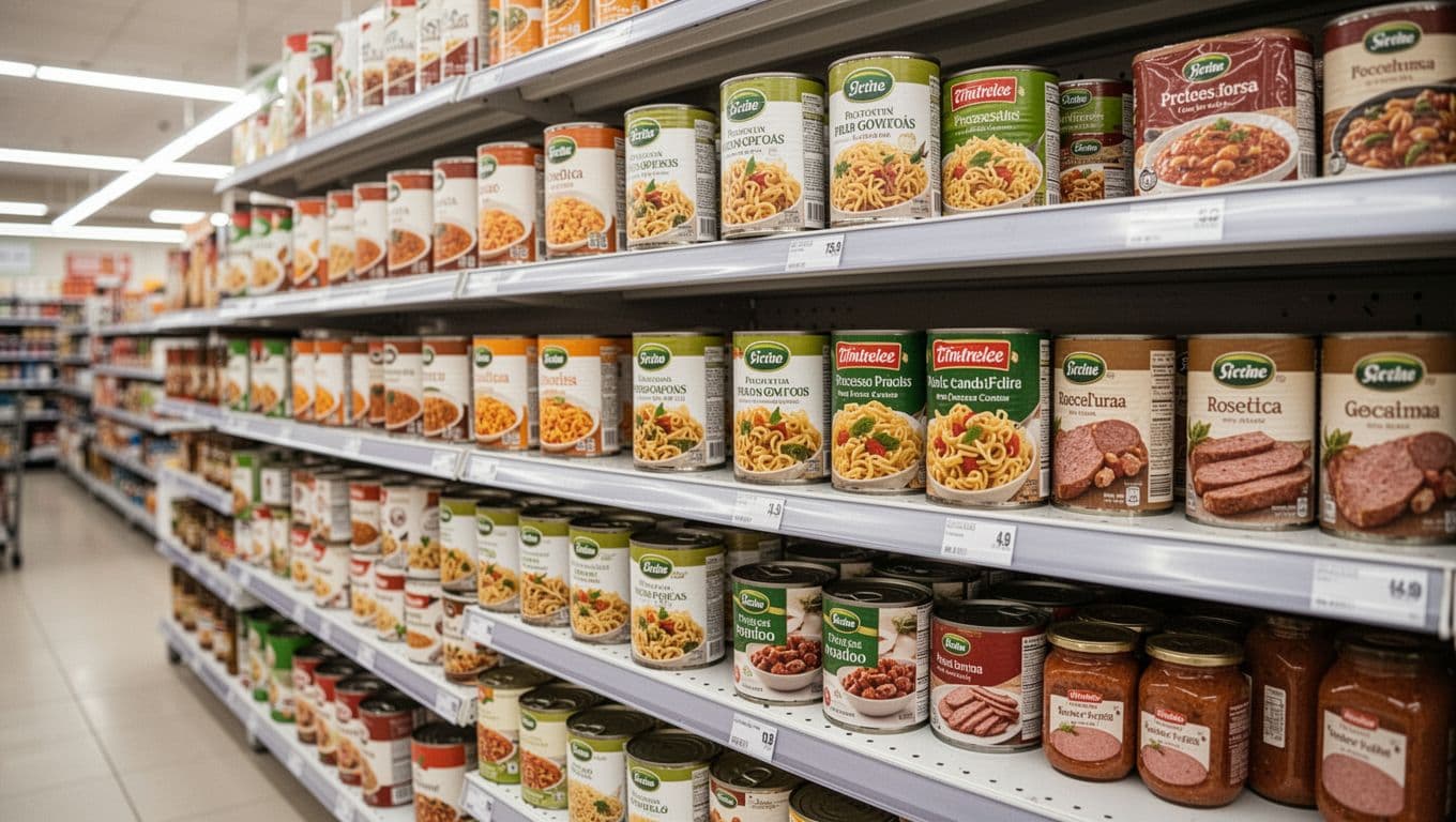 Rows of various metal cans containing processed pasta meals and meat products sit on a brightly lit grocery store shelf. Detailed nutrition labels are visible on the front of each package.