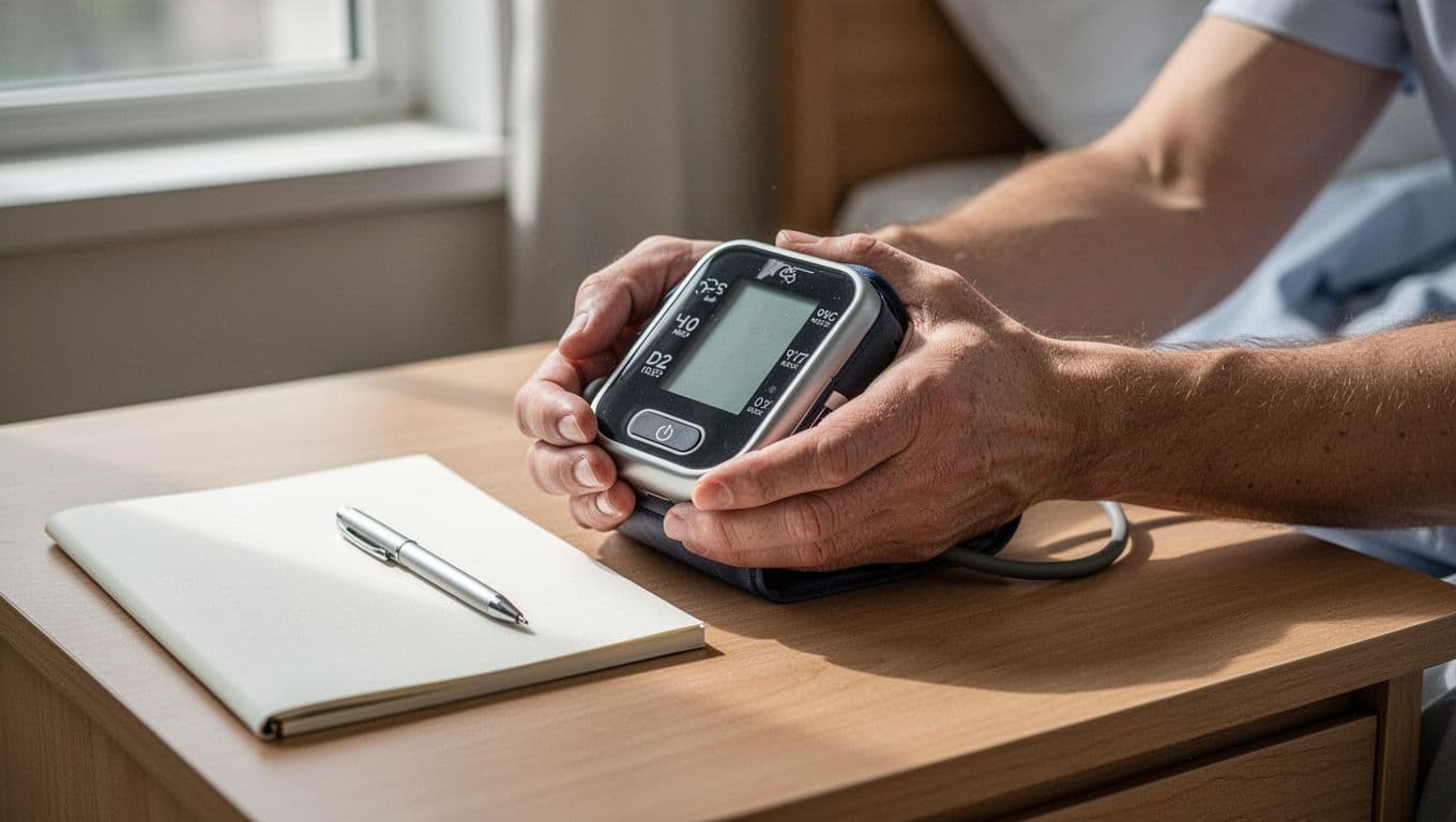 A person uses a digital blood pressure monitor while seated at a table. Beside their hands, a small notebook and pen rest on the surface to track daily health progress and symptoms.