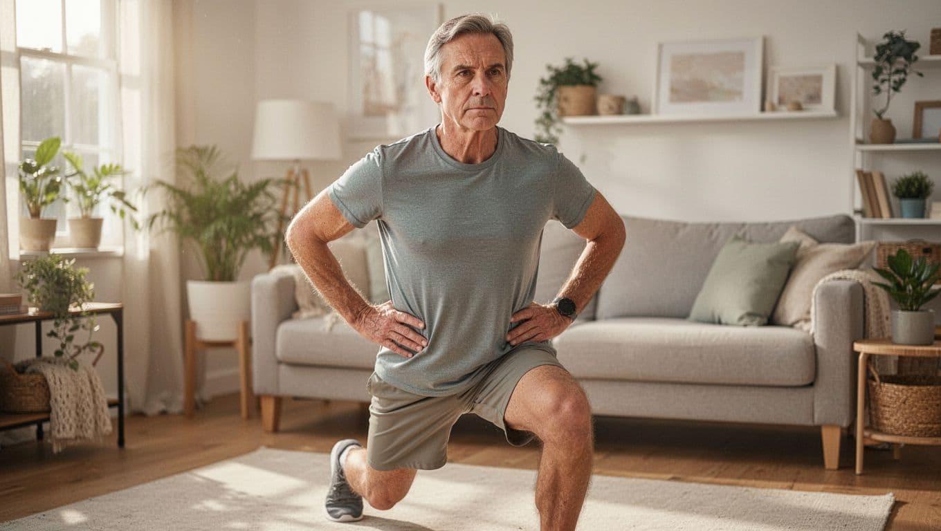 A person in their 40s performs a deep lunge in a bright living room, hands on their hips with a focused expression. Soft morning light streams across the hardwood floor.