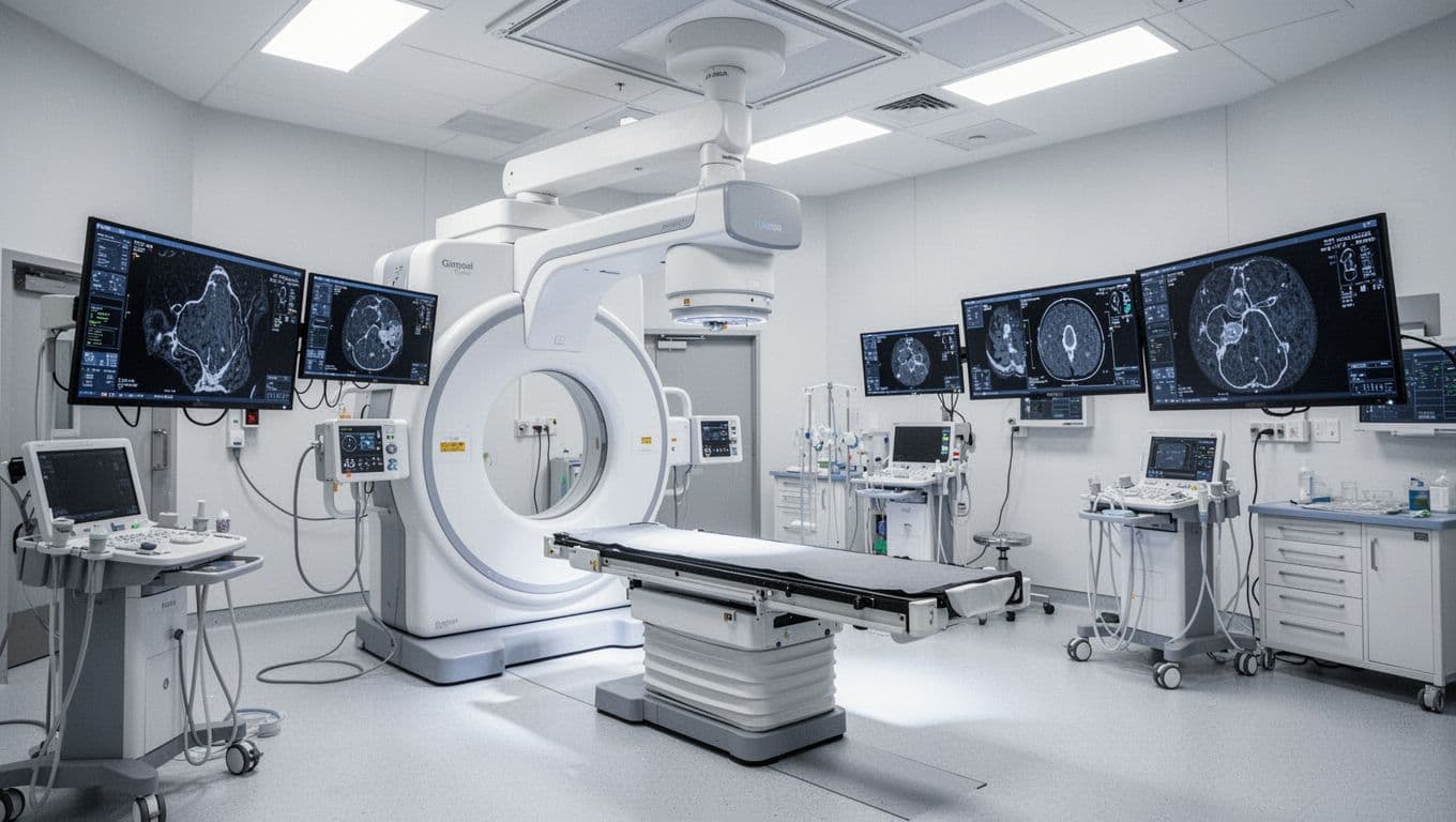 An advanced medical imaging suite features a high-tech C-arm system positioned over a sterile table. Multiple wall-mounted monitors display complex arterial data patterns under bright, clinical LED overhead panel lighting.