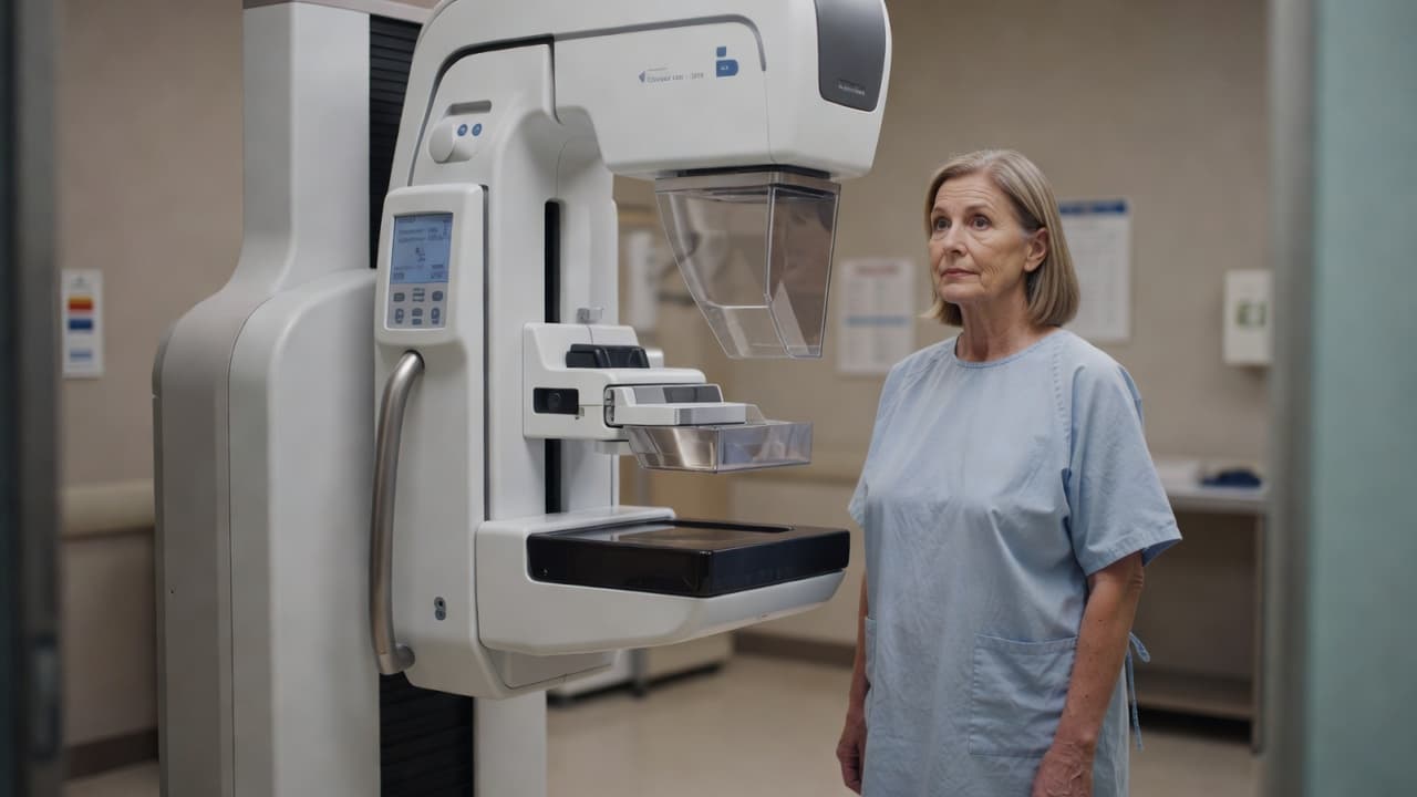 A woman stands beside clinical mammography equipment in a serene healthcare facility. The composition focuses on the medical machine under soft overhead lighting, emphasizing the calm environment during a diagnostic screening.