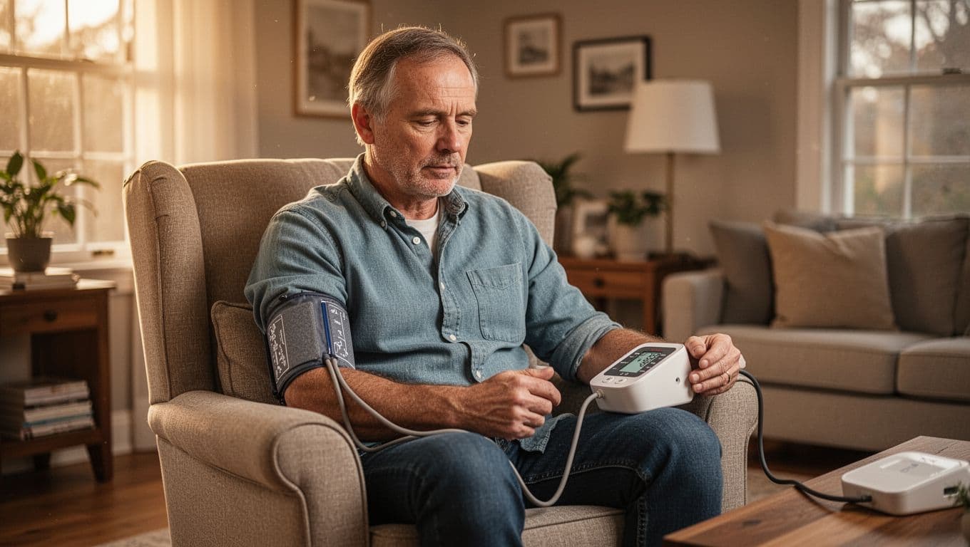 A middle-aged man in a casual shirt sits in a comfortable armchair, carefully checking his vitals with an automatic arm cuff. Soft afternoon light fills the quiet, authentic living room interior.