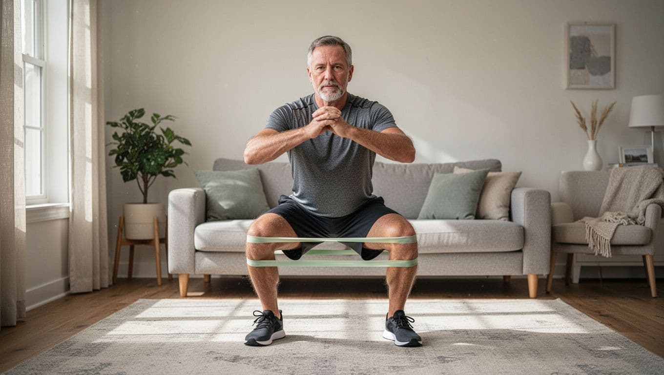 A middle-aged man in casual athletic wear performs a focused bodyweight squat in his bright living room. Soft sunlight illuminates the clean space as he maintains steady, controlled physical form.