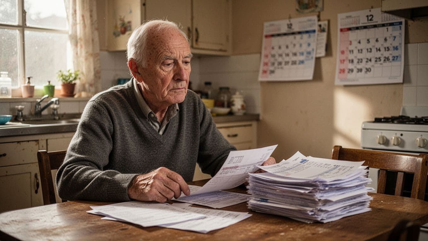 An elderly gentleman sits at a wooden kitchen table, staring intently at a stack of unpaid bills and a calendar. Soft natural light illuminates his concerned expression in a domestic setting.