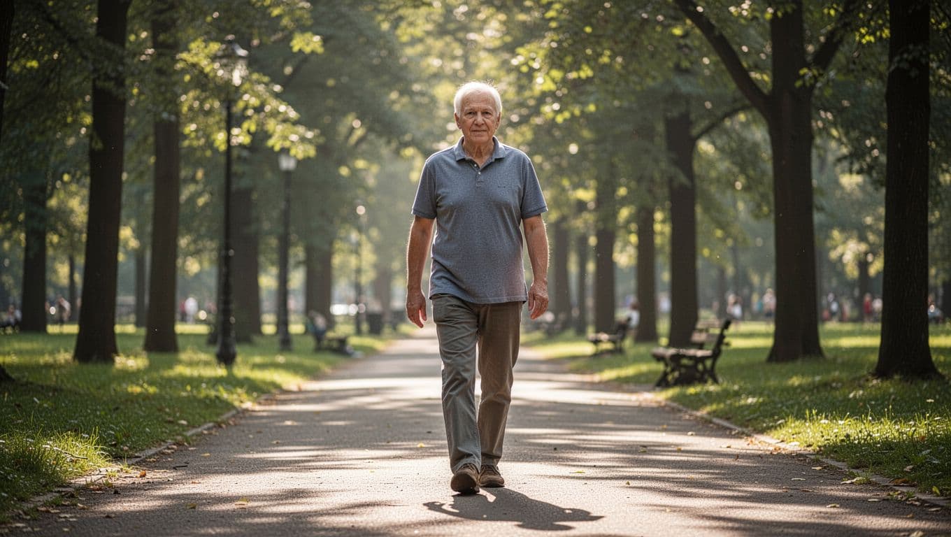 An individual walks steadily along a paved path in a lush park, focusing on maintaining movement while managing daily health. Golden sunlight illuminates the surrounding trees and soft green grass.