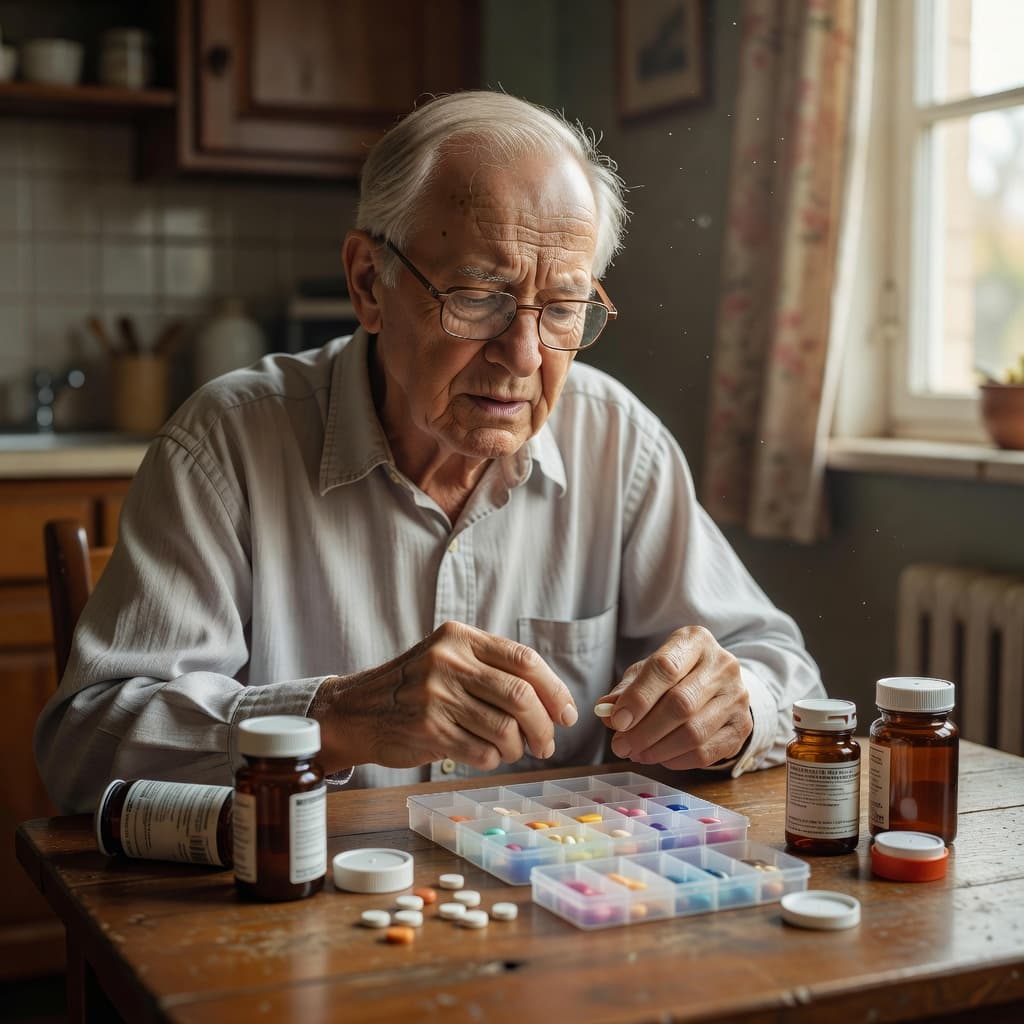 An older man sits at a kitchen table surrounded by multiple pill bottles and a weekly organizer. He wears a concerned expression as he attempts to sort his daily prescription medication.