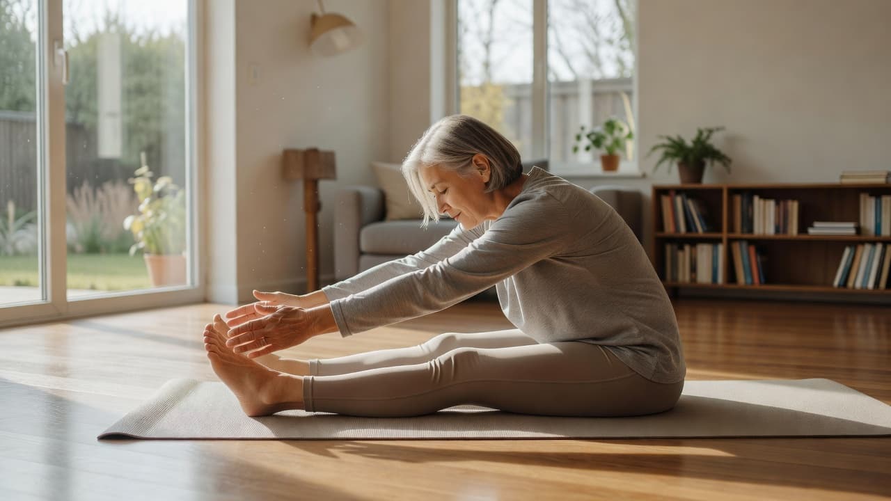 A person in their fifties performs gentle yoga stretches on a mat inside a sun-drenched living room. Large floor-to-ceiling windows flood the neutral-toned space with soft, warm morning light.