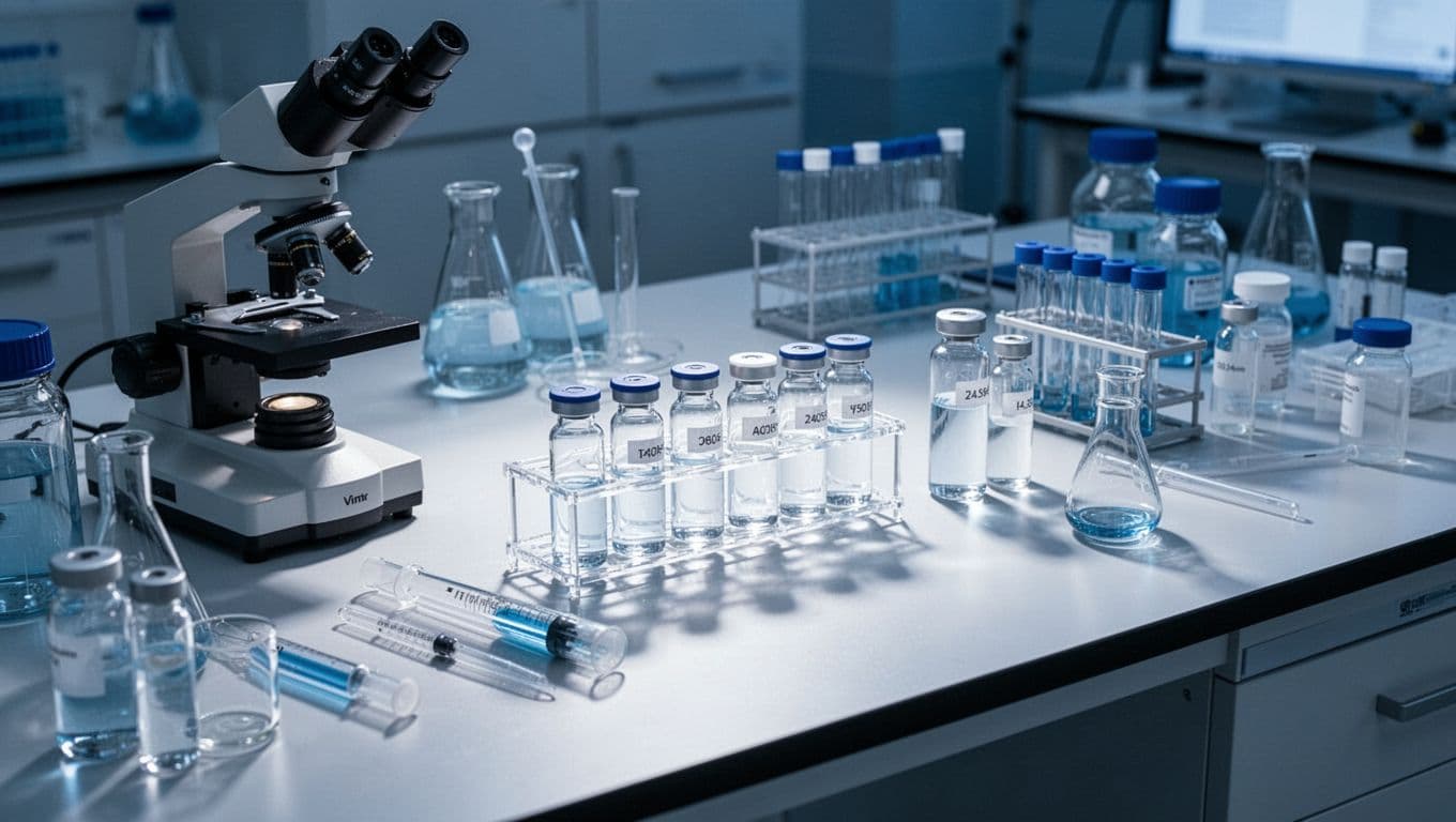 A sterile laboratory bench features an array of glass vials filled with clear liquids and precision analytical instruments. Soft blue and white ambient lighting illuminates the clean, metallic surface throughout.