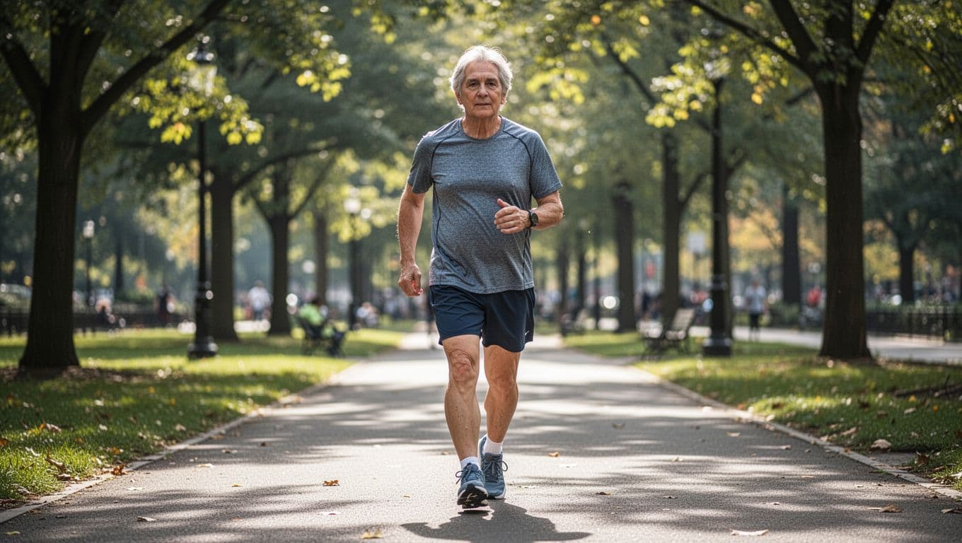 A person in their fifties wearing casual athletic apparel briskly traverses a sunlit park path. Tall trees create a soft, blurred backdrop while the individual moves forward with a focused expression.