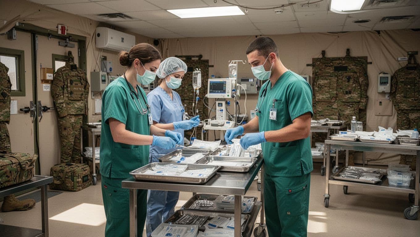 Clean white tables are arranged in a sterile clinic room, displaying neatly organized medical supplies and equipment. Professional staff in blue scrubs stand ready in the bright, clinical workspace environment.
