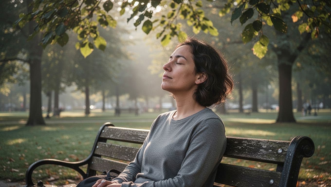 A person sits on a weathered wooden park bench with eyes closed, hands resting calmly in their lap. Golden morning sunlight filters through nearby trees, illuminating their face and the path.