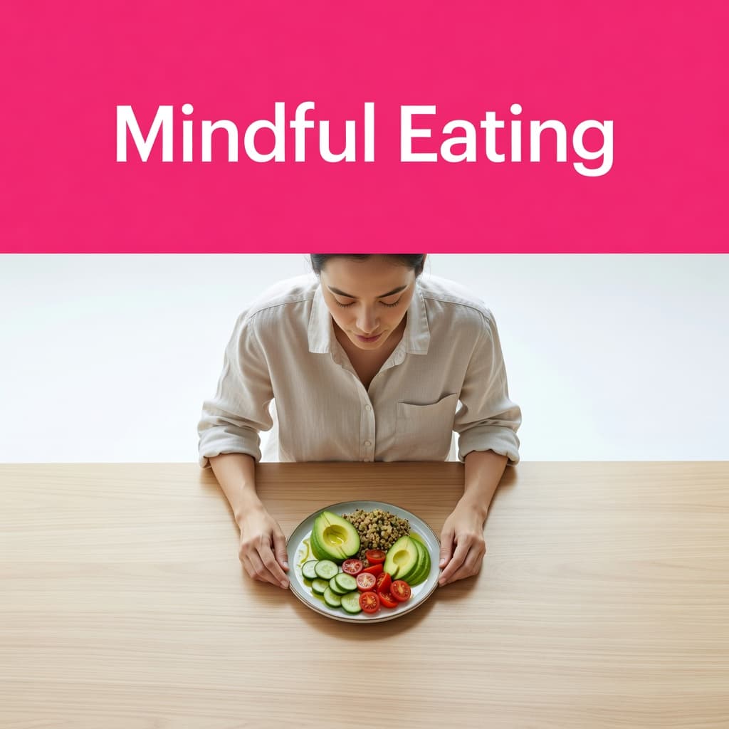 A top-down view shows a person sitting at a minimalist wooden table with a single plate of fresh food. Bright natural light illuminates the calm scene and healthy balanced meal.