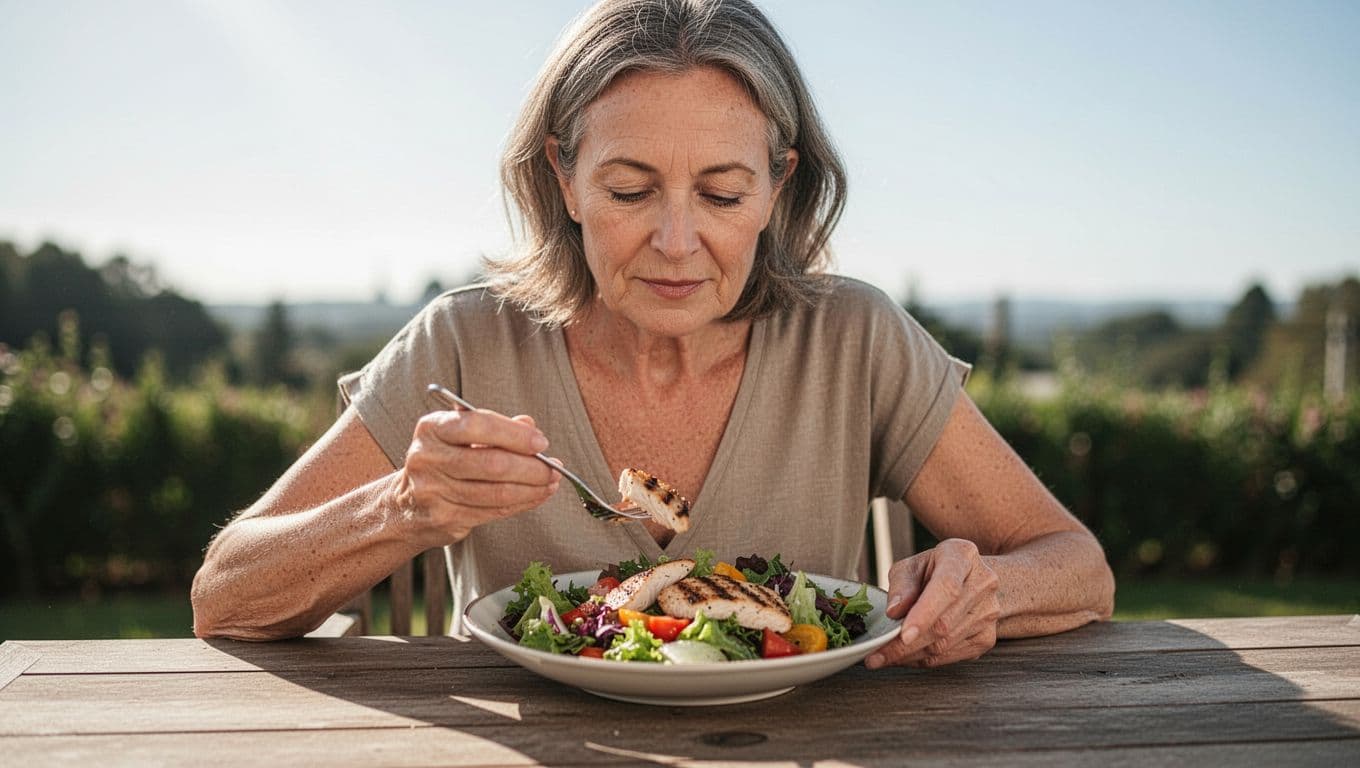 A woman sits at an outdoor wooden table, fully focused on a colorful salad topped with grilled chicken. Her surroundings remain quiet and peaceful, emphasizing a calm, distraction-free midday meal experience.