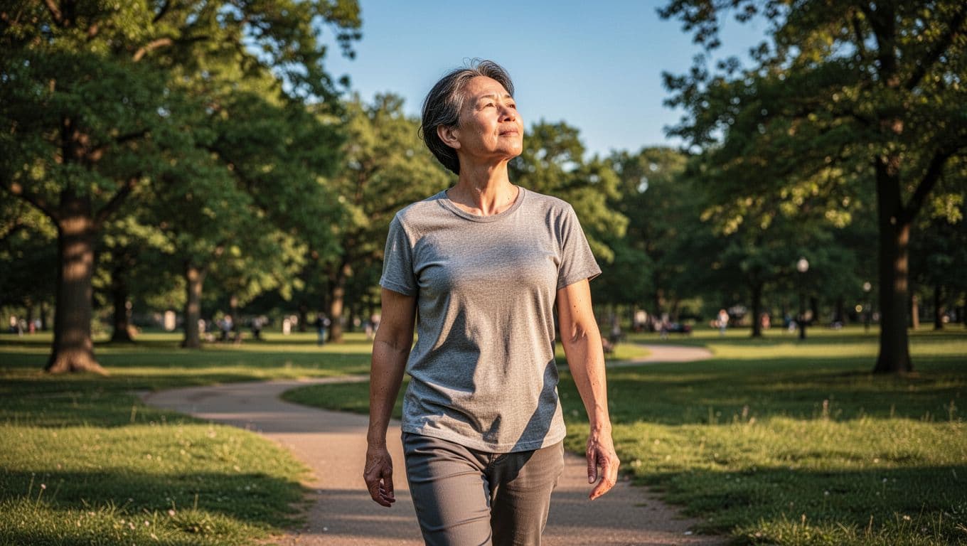 A person walks along a sunlit pathway lined with lush trees, their expression calm and reflective. The soft focus background highlights the connection between mental clarity and physical gut health.