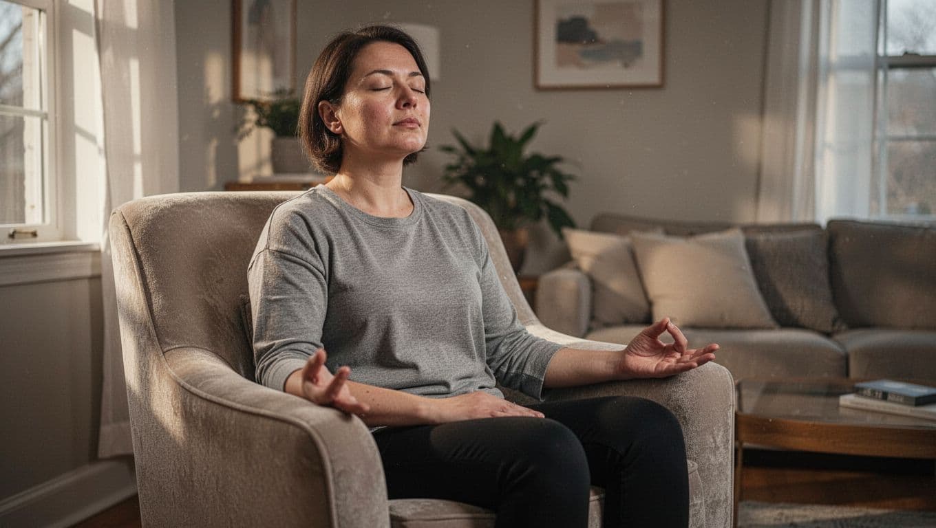 A relaxed individual sits in a comfortable living room armchair with eyes gently closed. Their hands rest peacefully on their lap, bathed in soft, natural sunlight during a reflective, calm moment.