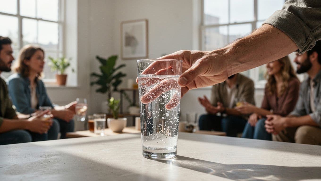 A close-up shot captures a hand reaching for a clear glass of sparkling water on a side table. The minimalist background features soft natural light reflecting off the glassware's condensation.