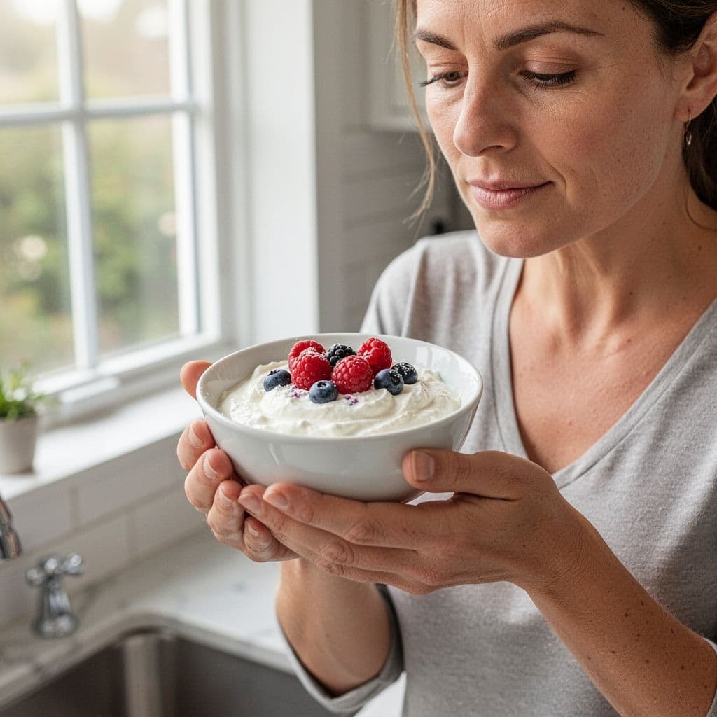 A person holds a small ceramic bowl filled with creamy Greek yogurt topped with a few fresh berries. The soft natural lighting highlights the simple, mindful portion size being consumed indoors.