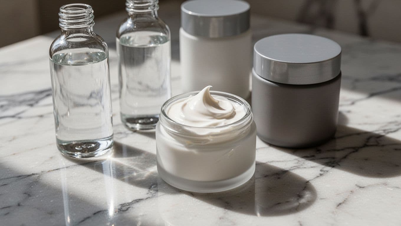 Clean skincare bottles and jars rest on a polished marble surface, highlighting a dab of thick white cream atop an open container. Soft natural lighting enhances the gentle product textures.