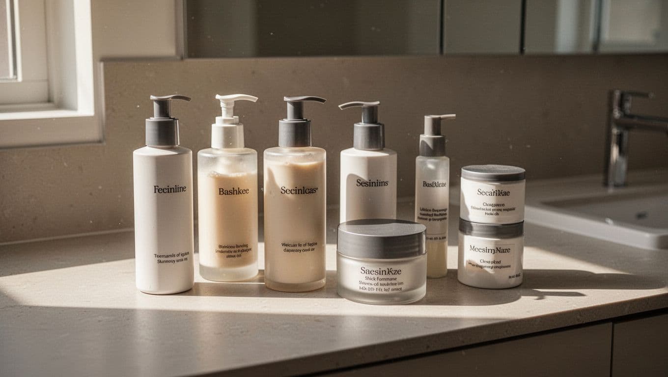 Several simple unlabelled skincare bottles and jars rest on a clean, neutral countertop. Soft morning light streams in, highlighting the textures of the containers and the serene, organized bathroom setting.