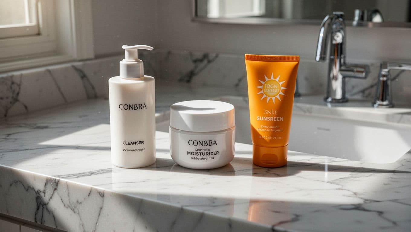 Three unlabeled white cosmetic bottles sit arranged on a polished marble vanity top. The natural light highlights the smooth texture of the containers against the cool gray veining of the stone.