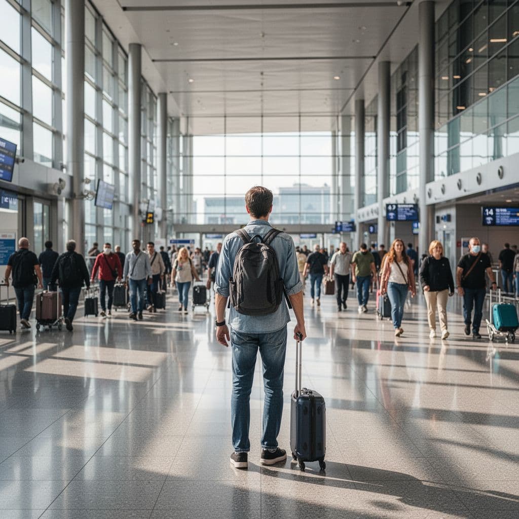 A focused traveler stands in the foreground of a sunlit airport terminal as other passengers walk through the background. Large floor-to-ceiling windows fill the spacious hall with bright natural light.
