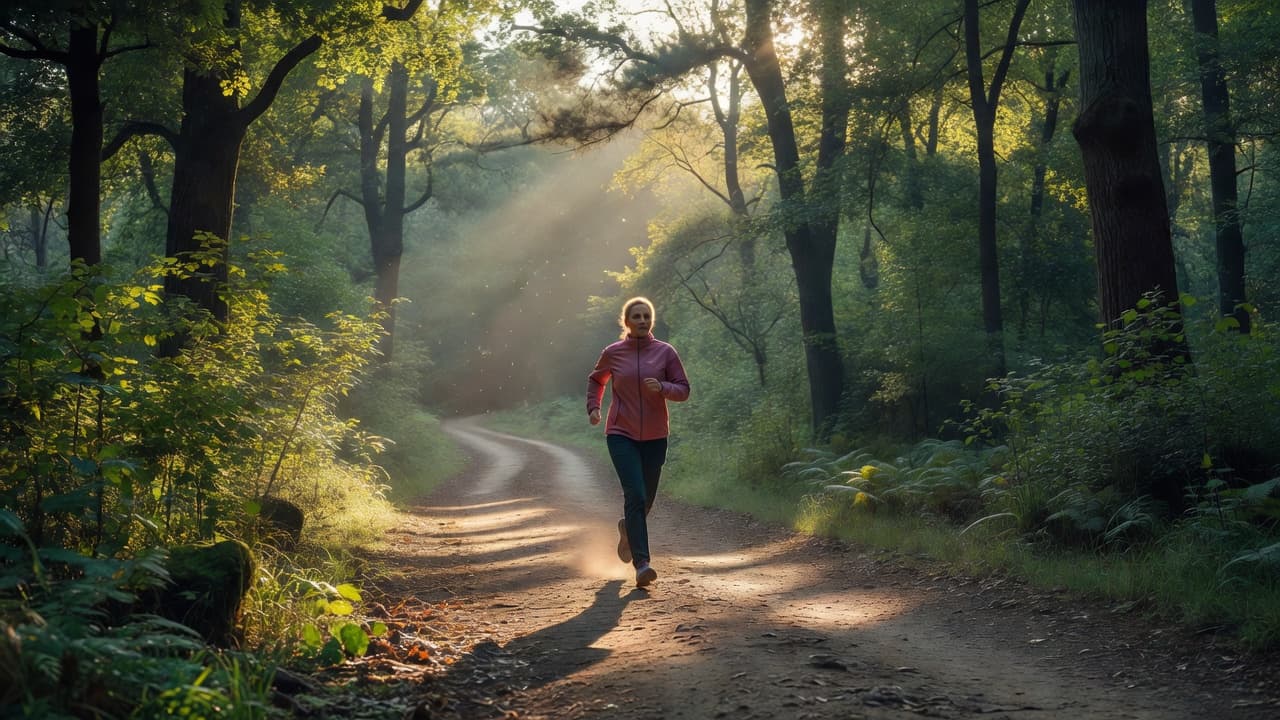 A figure moves briskly along a rustic dirt trail while soft morning light filters through dense woodland canopy. They wear subtle pink accents as rays of sunshine illuminate the path ahead.